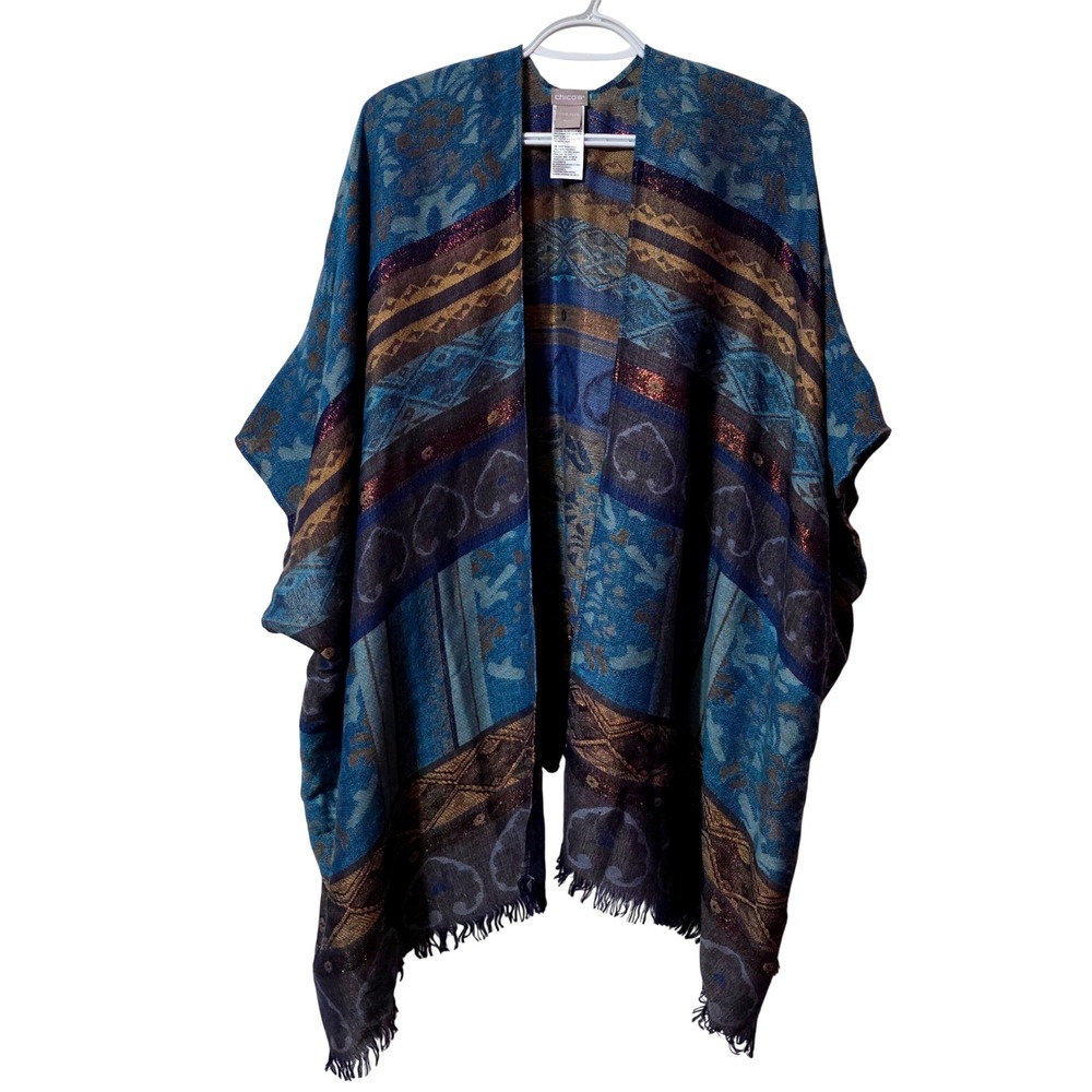 Chico's Women One Size Poncho Blue Metallic Boho Layering Wrap Shawl